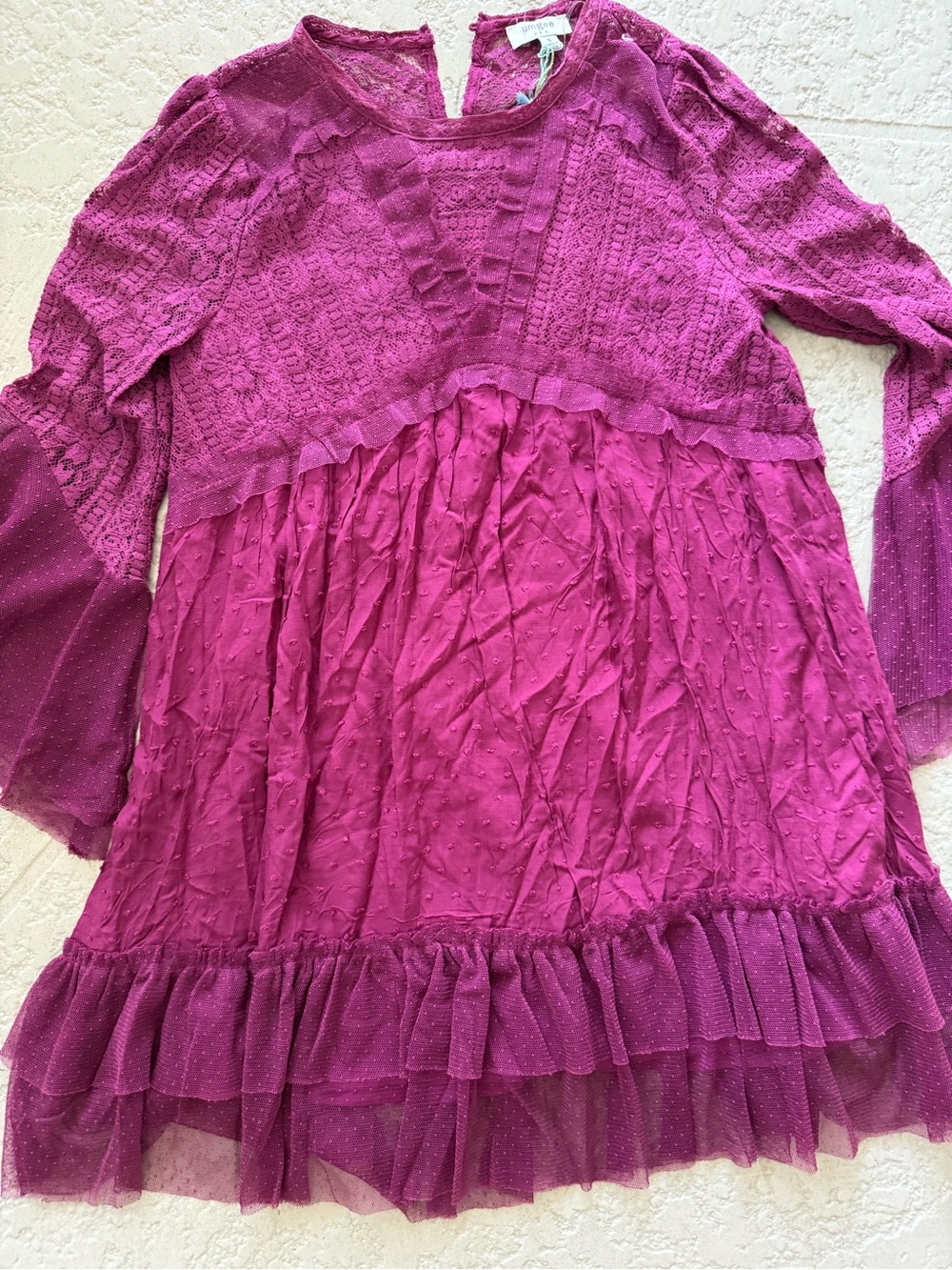 Umgee Magenta Lace & Dotted Tulle Long Sleeve Dress